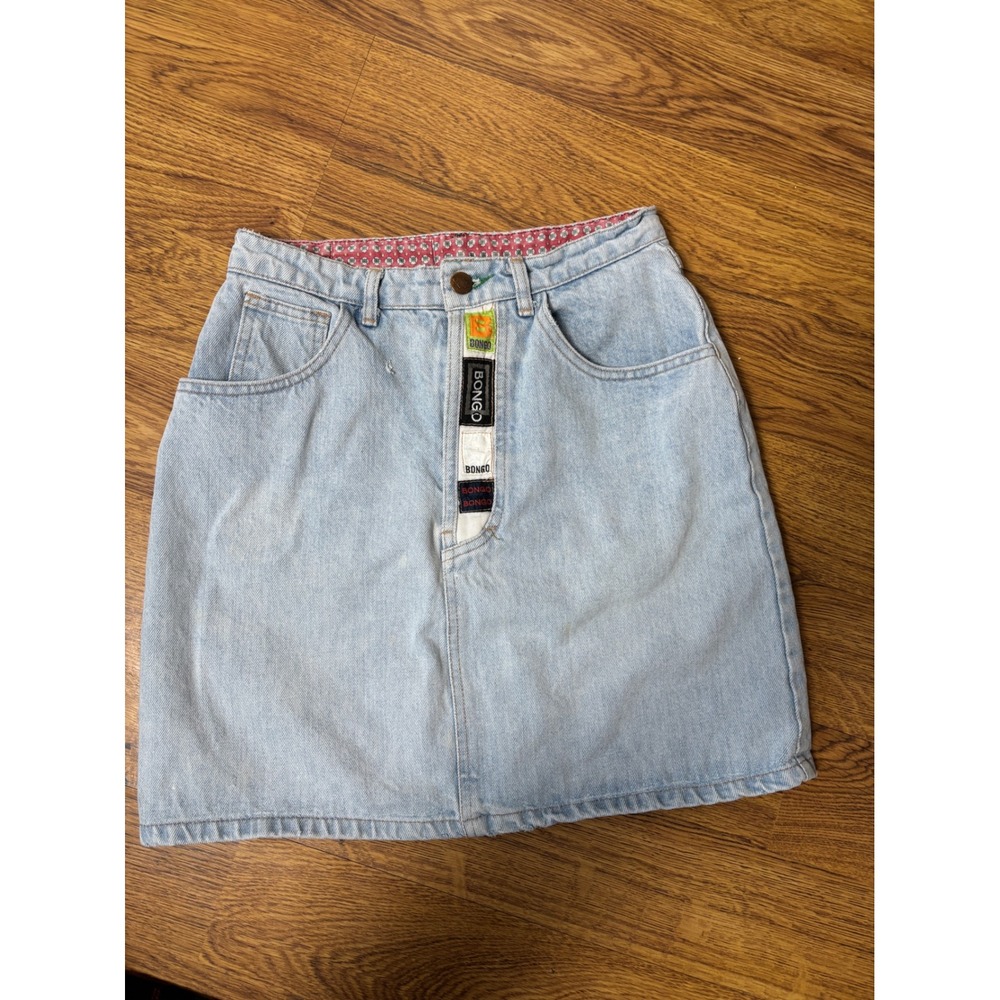 Vintage Bongo Denim Mini Skirt Light Wash High Waisted Logo Tape USA Made - Picture 4 of 7